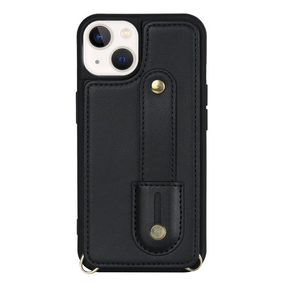 For iPhone 14 / 13 6.1 inch Wristband Kickstand Back Cover Card Holder PU Leather Coated TPU Phone Case
