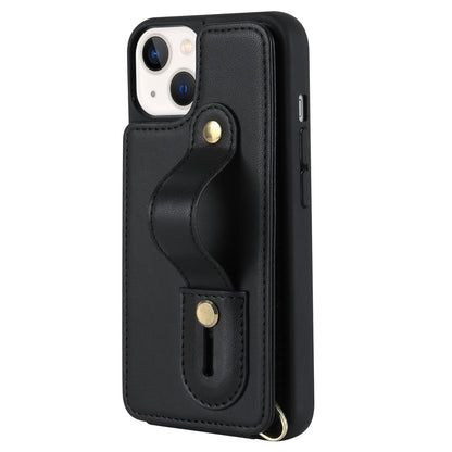 For iPhone 14 / 13 6.1 inch Wristband Kickstand Back Cover Card Holder PU Leather Coated TPU Phone Case