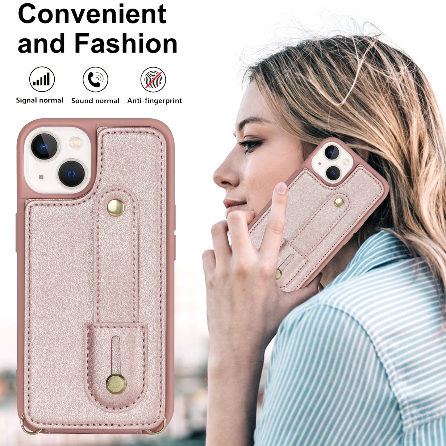 For iPhone 14 / 13 6.1 inch Wristband Kickstand Back Cover Card Holder PU Leather Coated TPU Phone Case