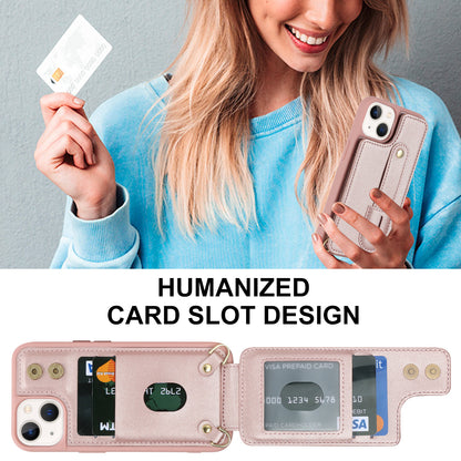 For iPhone 14 / 13 6.1 inch Wristband Kickstand Back Cover Card Holder PU Leather Coated TPU Phone Case