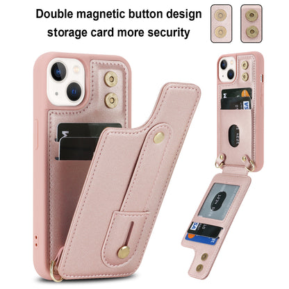For iPhone 14 / 13 6.1 inch Wristband Kickstand Back Cover Card Holder PU Leather Coated TPU Phone Case