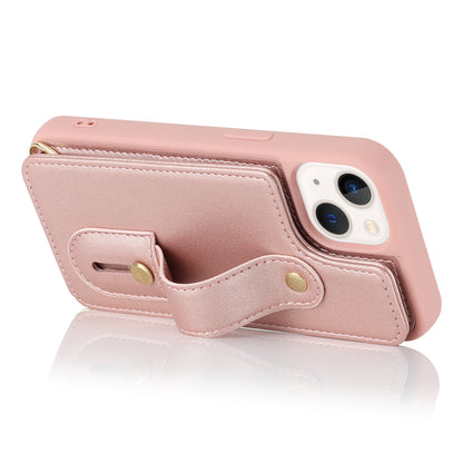 For iPhone 14 / 13 6.1 inch Wristband Kickstand Back Cover Card Holder PU Leather Coated TPU Phone Case