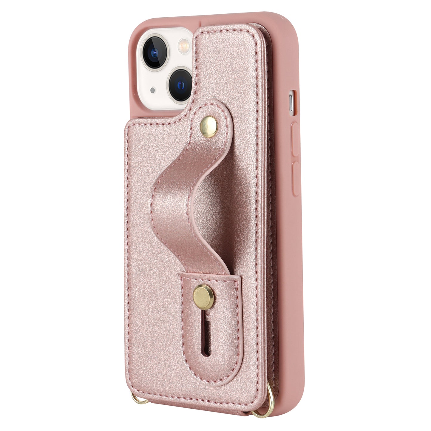 For iPhone 14 / 13 6.1 inch Wristband Kickstand Back Cover Card Holder PU Leather Coated TPU Phone Case