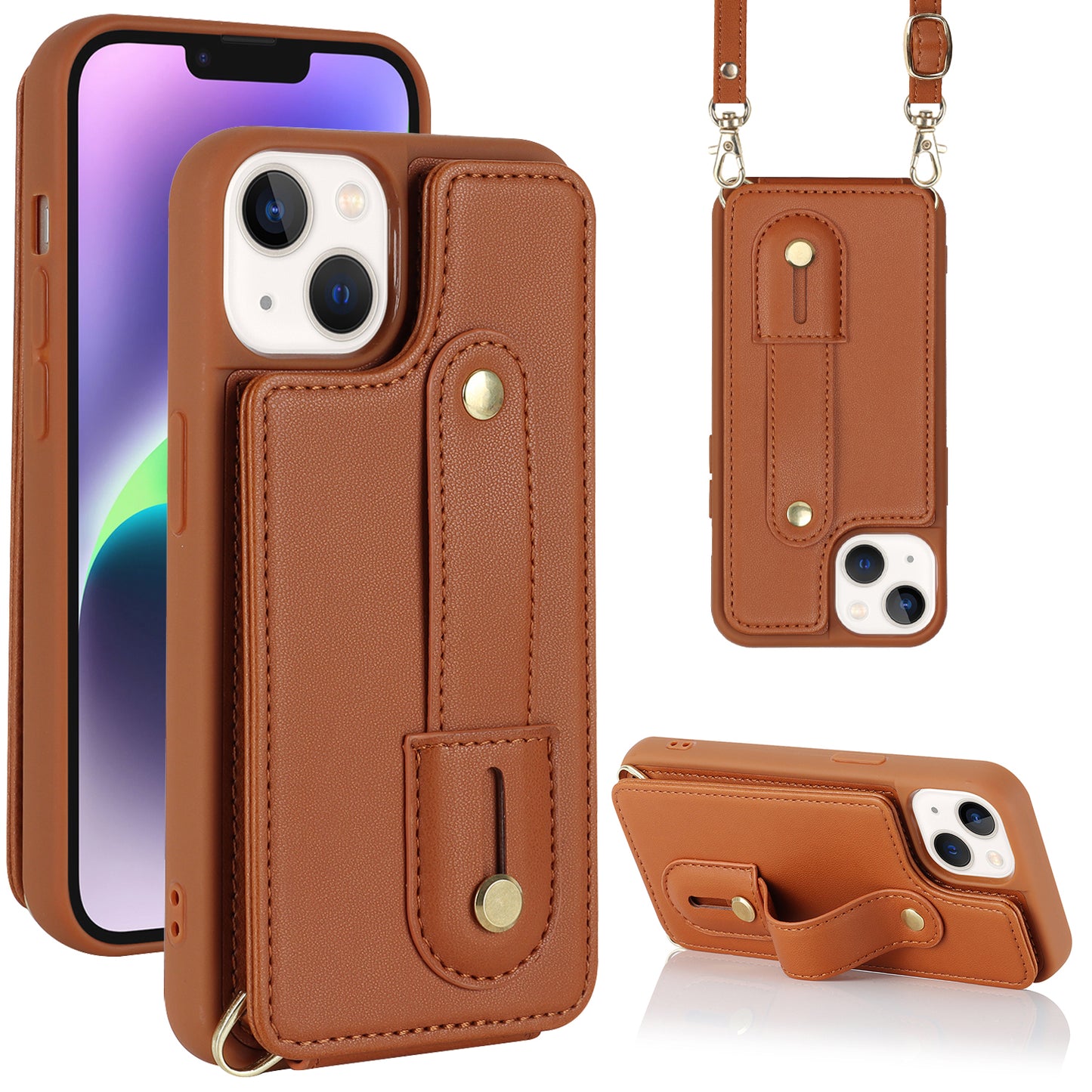 For iPhone 14 / 13 6.1 inch Wristband Kickstand Back Cover Card Holder PU Leather Coated TPU Phone Case