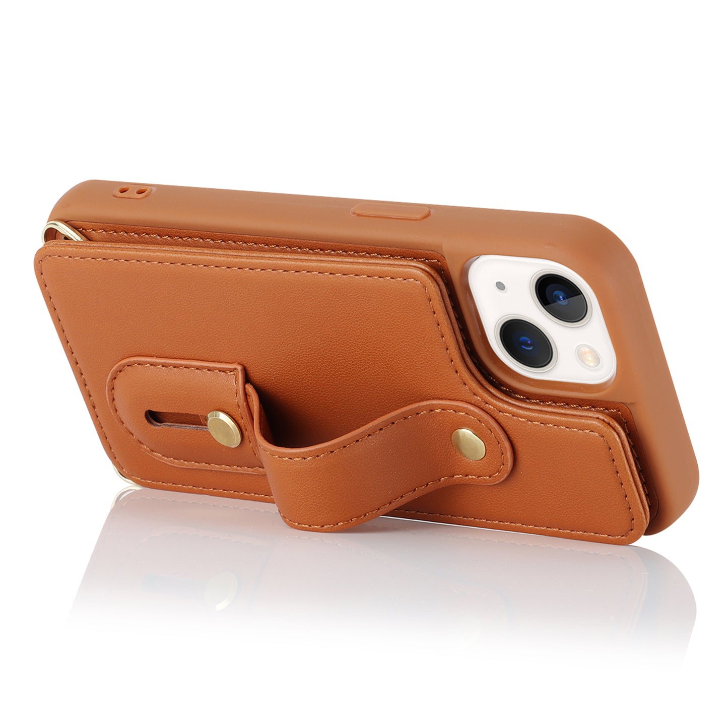 For iPhone 14 / 13 6.1 inch Wristband Kickstand Back Cover Card Holder PU Leather Coated TPU Phone Case
