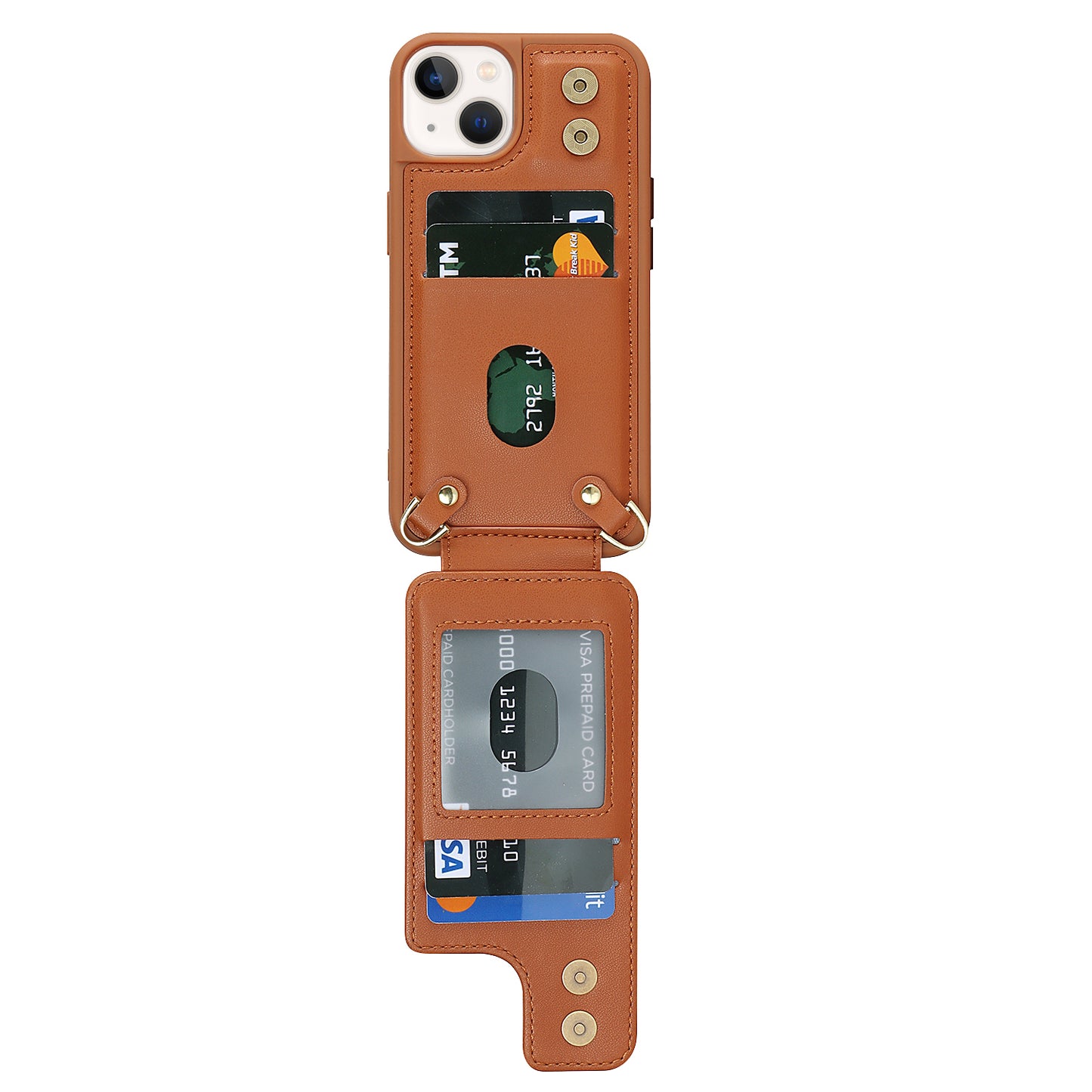 For iPhone 14 / 13 6.1 inch Wristband Kickstand Back Cover Card Holder PU Leather Coated TPU Phone Case