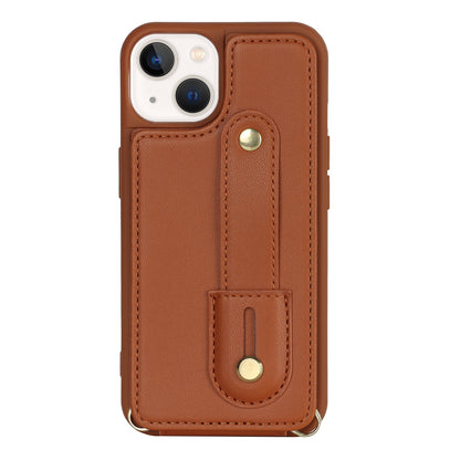For iPhone 14 / 13 6.1 inch Wristband Kickstand Back Cover Card Holder PU Leather Coated TPU Phone Case