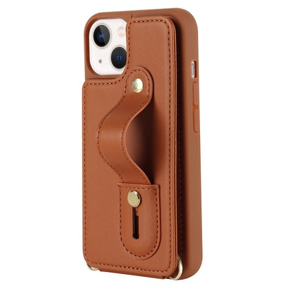 For iPhone 14 / 13 6.1 inch Wristband Kickstand Back Cover Card Holder PU Leather Coated TPU Phone Case