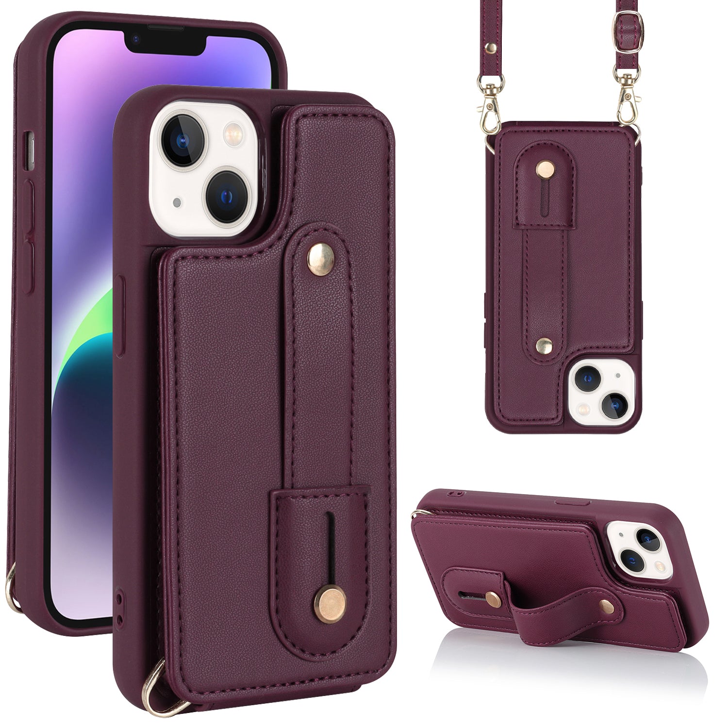 For iPhone 14 / 13 6.1 inch Wristband Kickstand Back Cover Card Holder PU Leather Coated TPU Phone Case