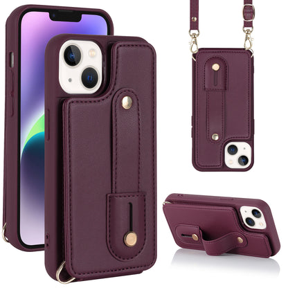 For iPhone 14 / 13 6.1 inch Wristband Kickstand Back Cover Card Holder PU Leather Coated TPU Phone Case