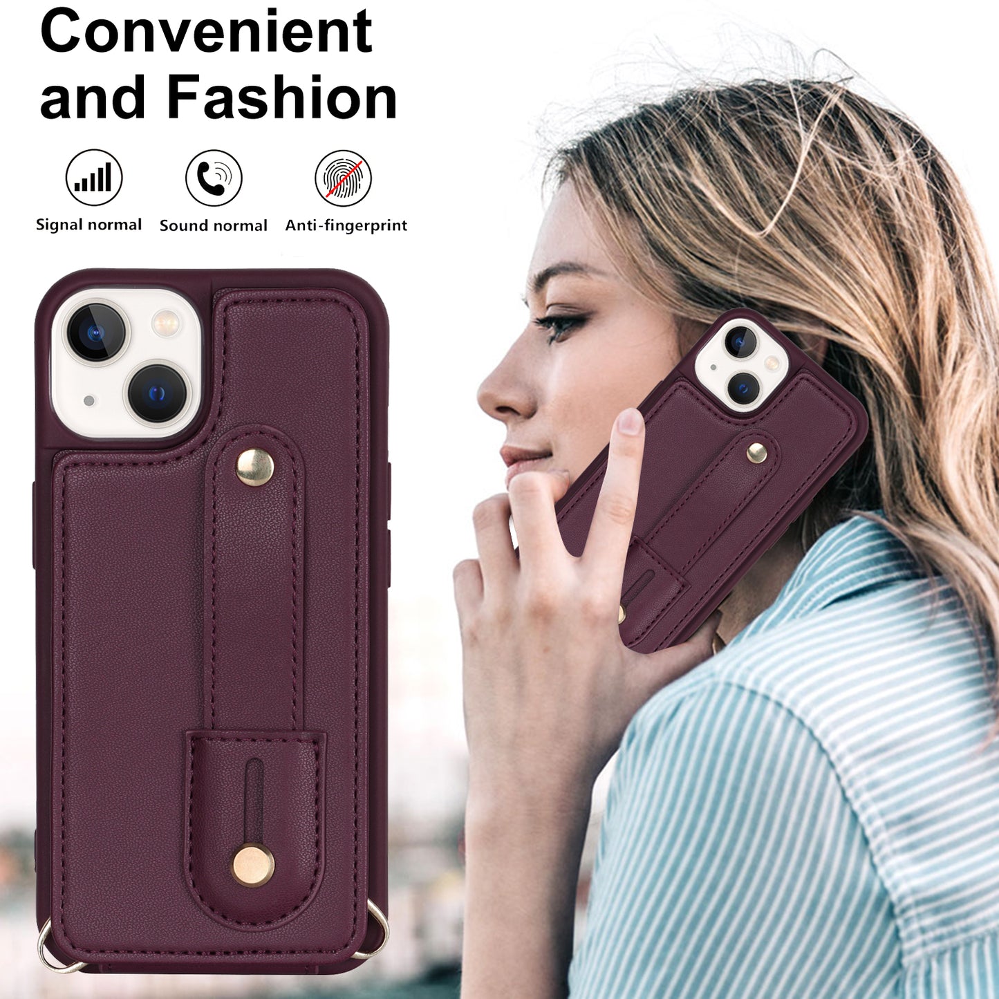 For iPhone 14 / 13 6.1 inch Wristband Kickstand Back Cover Card Holder PU Leather Coated TPU Phone Case