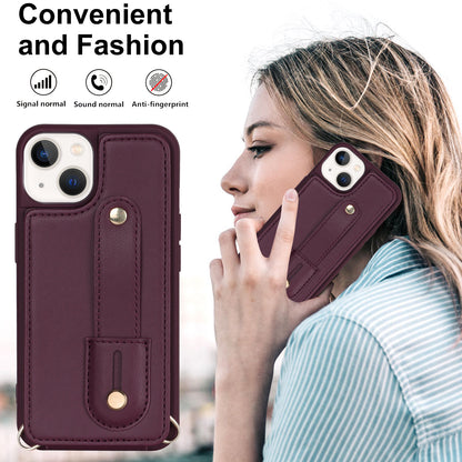 For iPhone 14 / 13 6.1 inch Wristband Kickstand Back Cover Card Holder PU Leather Coated TPU Phone Case