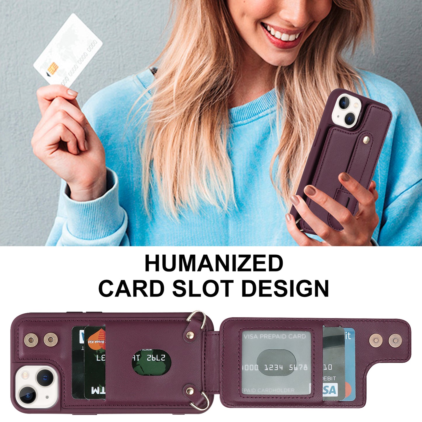 For iPhone 14 / 13 6.1 inch Wristband Kickstand Back Cover Card Holder PU Leather Coated TPU Phone Case