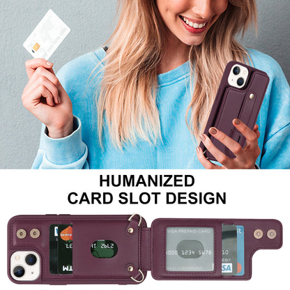 For iPhone 14 / 13 6.1 inch Wristband Kickstand Back Cover Card Holder PU Leather Coated TPU Phone Case