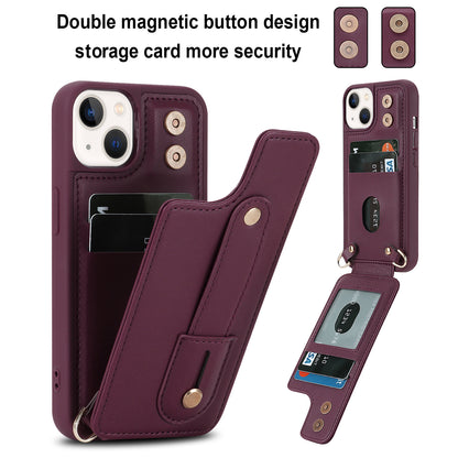 For iPhone 14 / 13 6.1 inch Wristband Kickstand Back Cover Card Holder PU Leather Coated TPU Phone Case