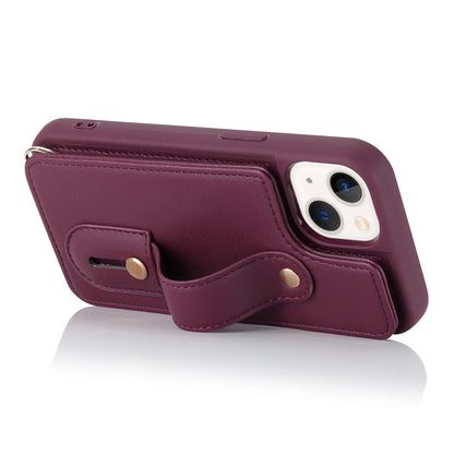 For iPhone 14 / 13 6.1 inch Wristband Kickstand Back Cover Card Holder PU Leather Coated TPU Phone Case