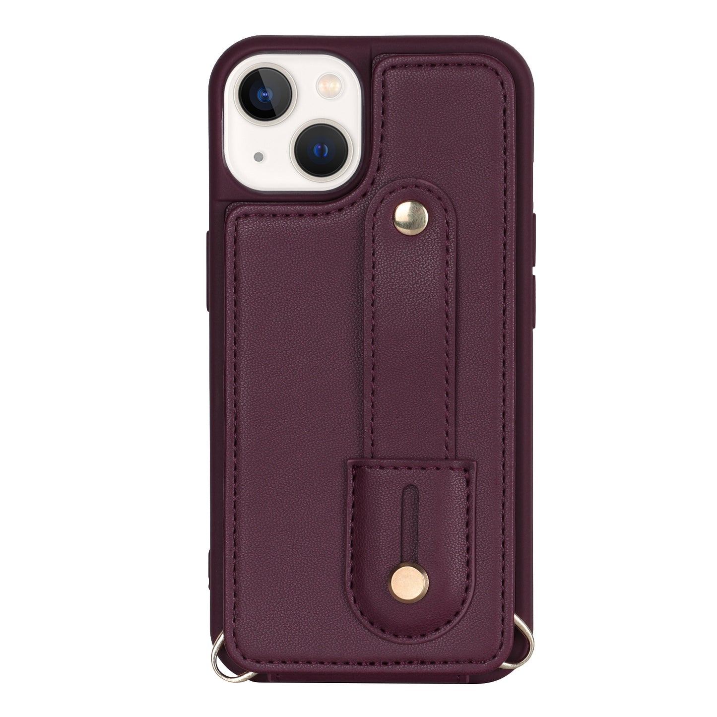 For iPhone 14 / 13 6.1 inch Wristband Kickstand Back Cover Card Holder PU Leather Coated TPU Phone Case