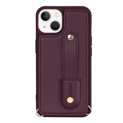 For iPhone 14 / 13 6.1 inch Wristband Kickstand Back Cover Card Holder PU Leather Coated TPU Phone Case