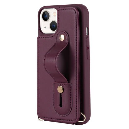 For iPhone 14 / 13 6.1 inch Wristband Kickstand Back Cover Card Holder PU Leather Coated TPU Phone Case