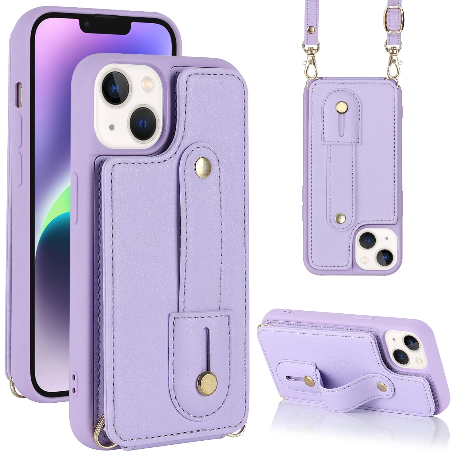 For iPhone 14 / 13 6.1 inch Wristband Kickstand Back Cover Card Holder PU Leather Coated TPU Phone Case