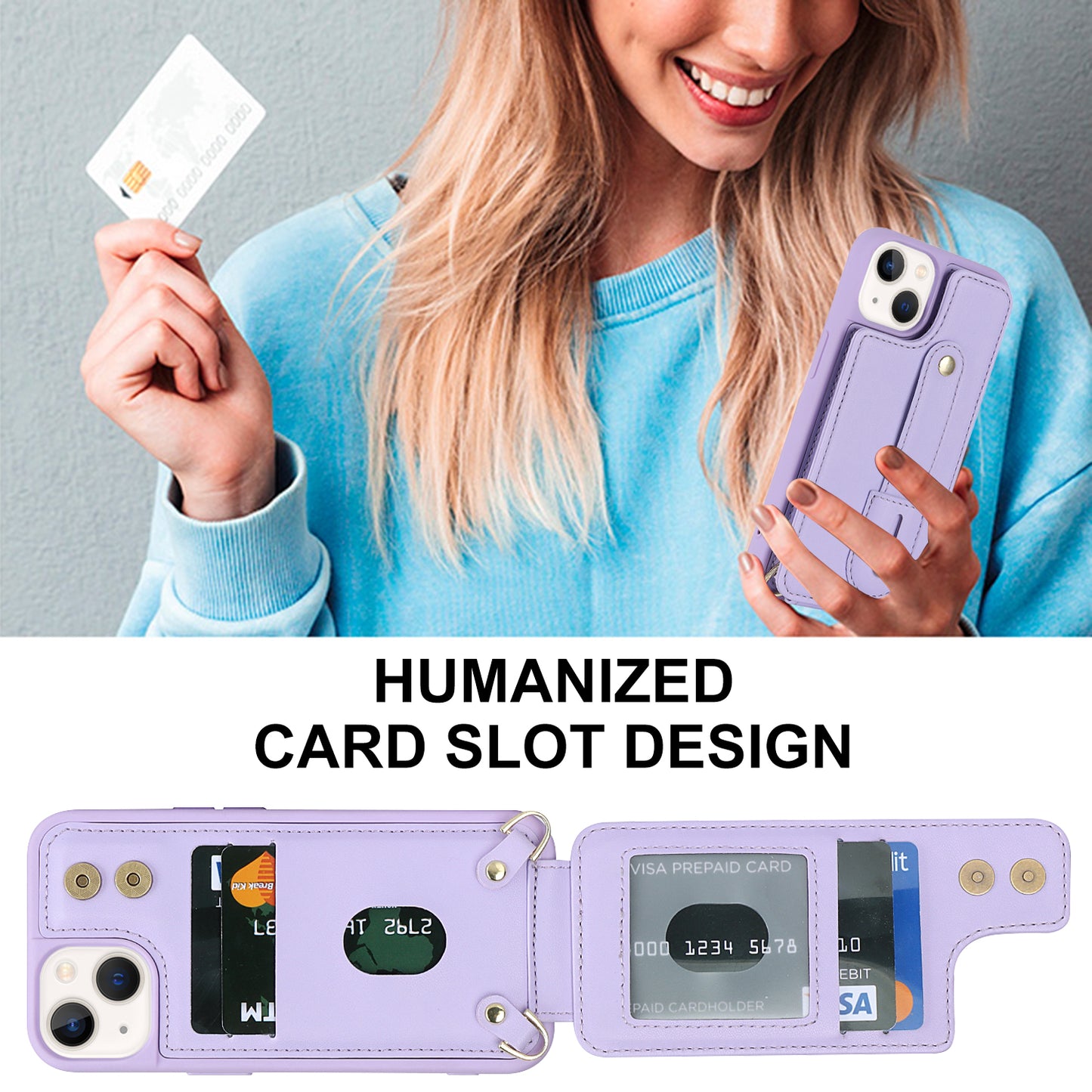 For iPhone 14 / 13 6.1 inch Wristband Kickstand Back Cover Card Holder PU Leather Coated TPU Phone Case