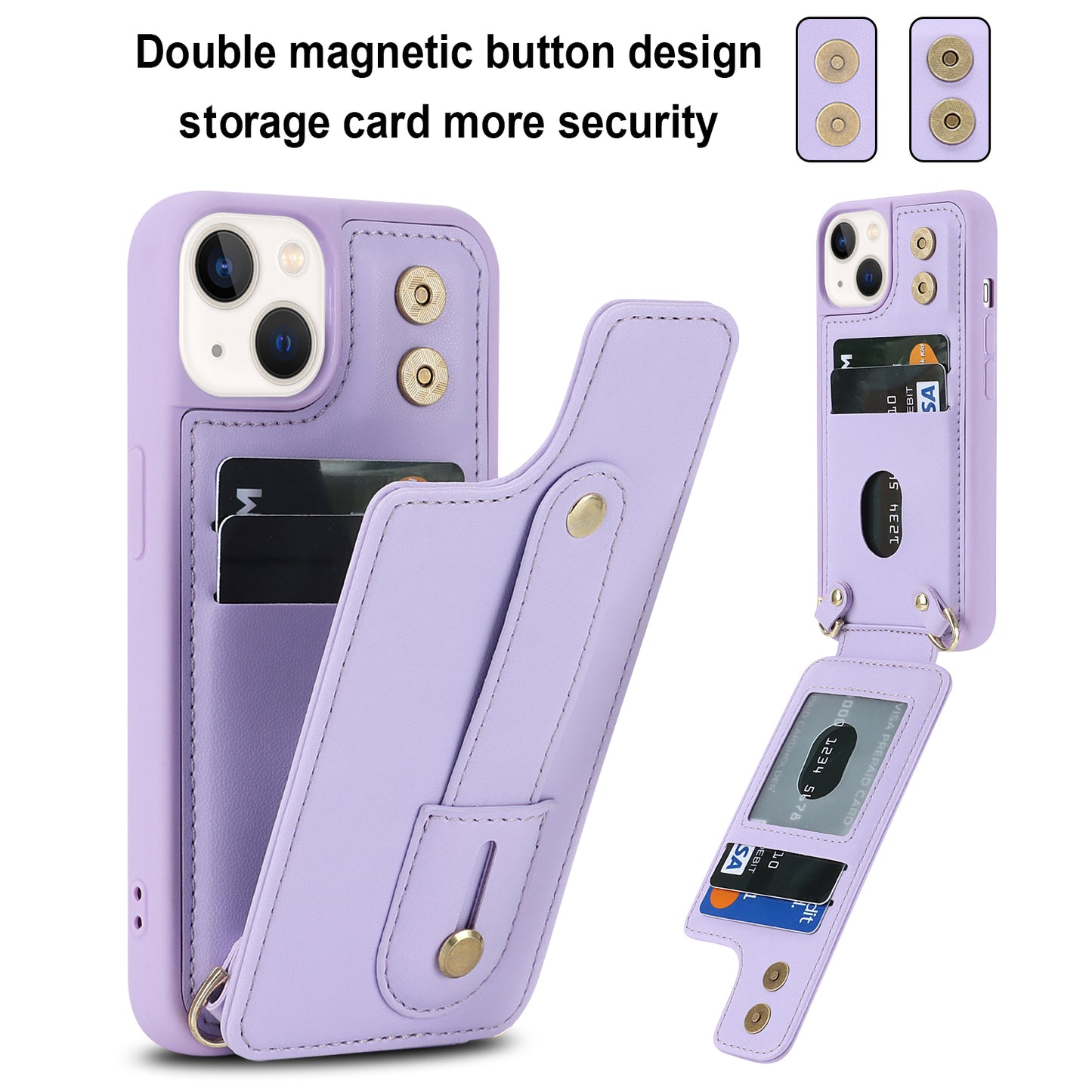 For iPhone 14 / 13 6.1 inch Wristband Kickstand Back Cover Card Holder PU Leather Coated TPU Phone Case