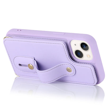 For iPhone 14 / 13 6.1 inch Wristband Kickstand Back Cover Card Holder PU Leather Coated TPU Phone Case