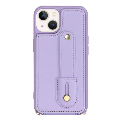 For iPhone 14 / 13 6.1 inch Wristband Kickstand Back Cover Card Holder PU Leather Coated TPU Phone Case