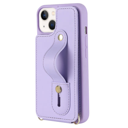 For iPhone 14 / 13 6.1 inch Wristband Kickstand Back Cover Card Holder PU Leather Coated TPU Phone Case