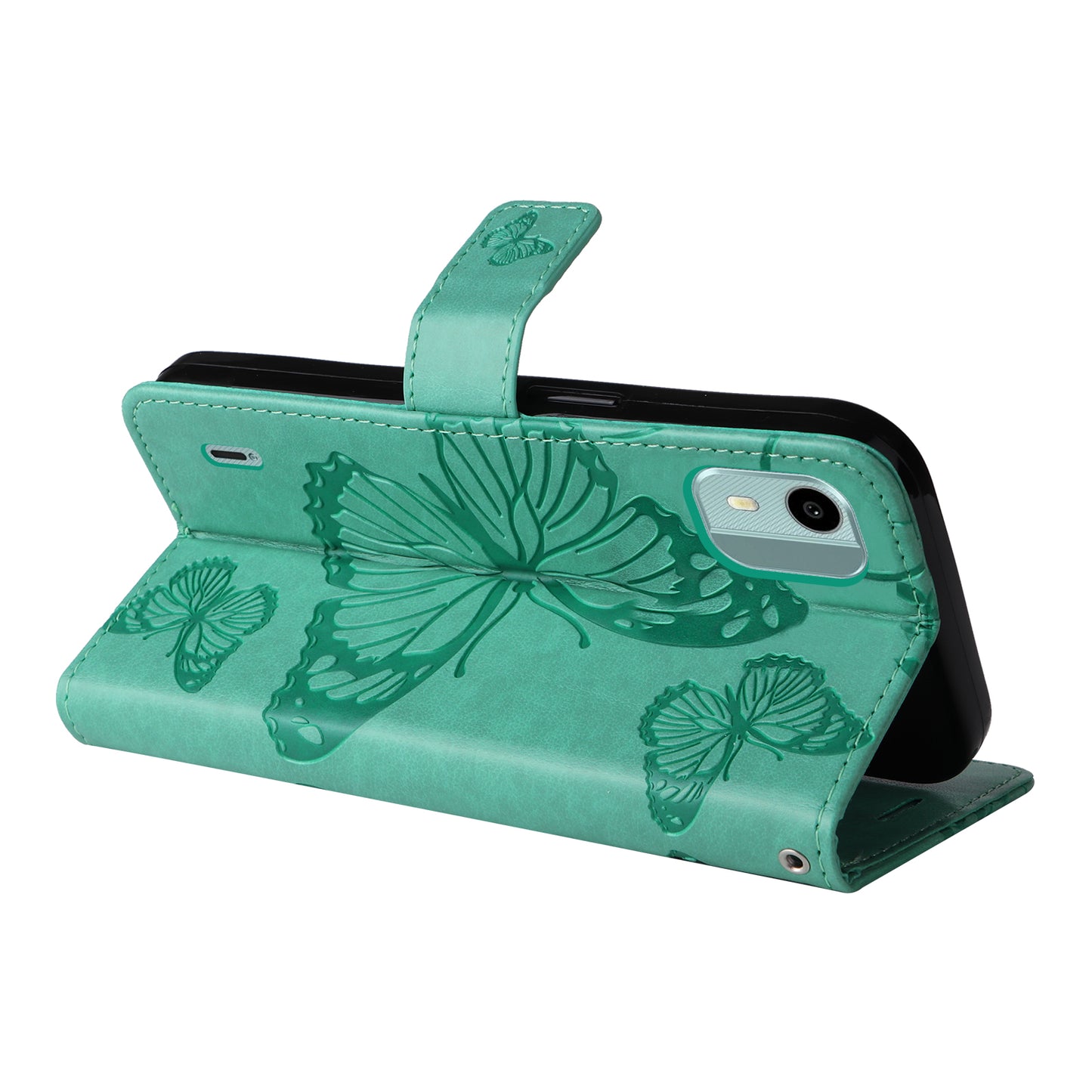 KT Imprinting Flower Series-2 Leather Phone Case for Nokia C12 4G / C12 Plus / C12 Pro , Stand Wallet Butterfly Flower Imprinted Cover