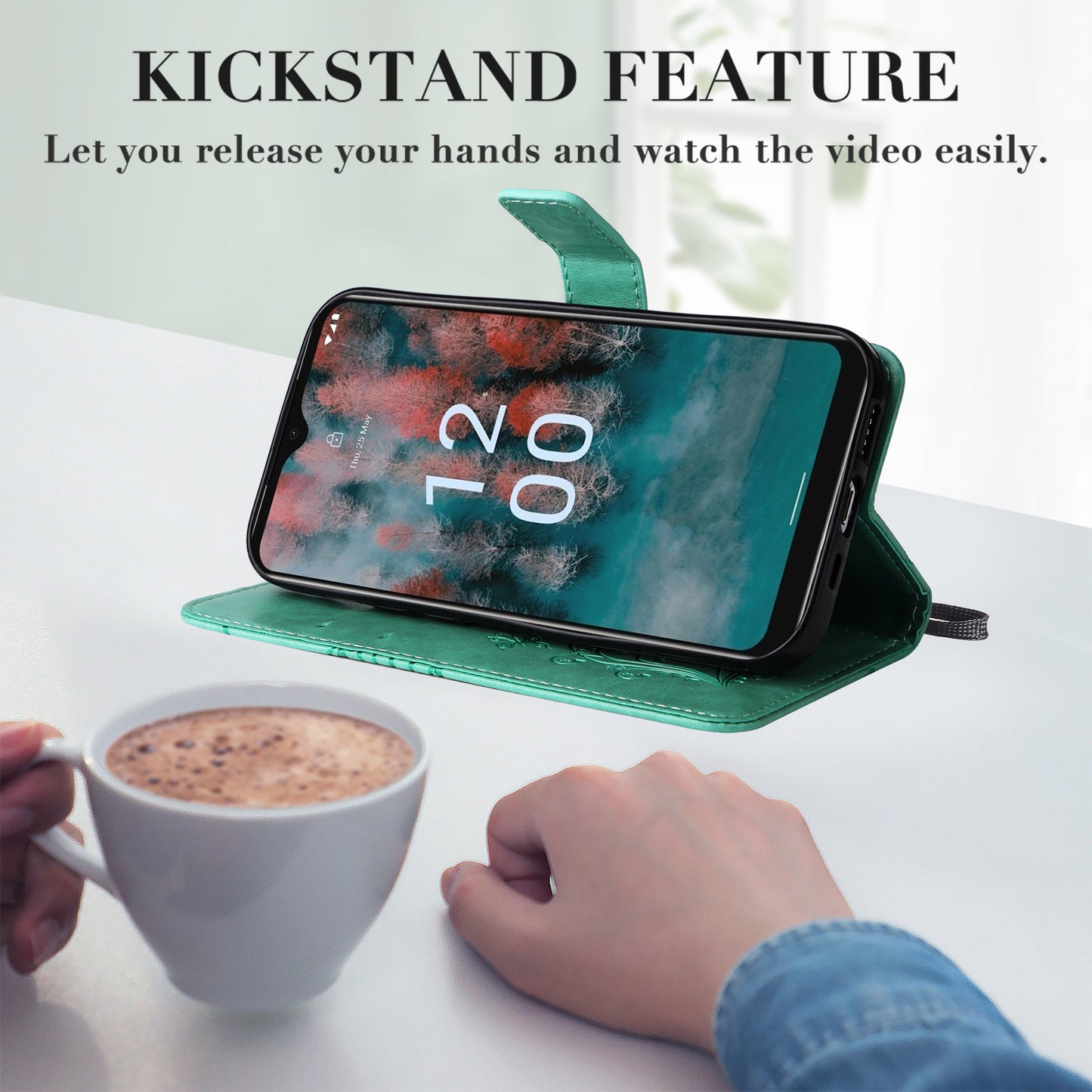 KT Imprinting Flower Series-2 Leather Phone Case for Nokia C12 4G / C12 Plus / C12 Pro , Stand Wallet Butterfly Flower Imprinted Cover