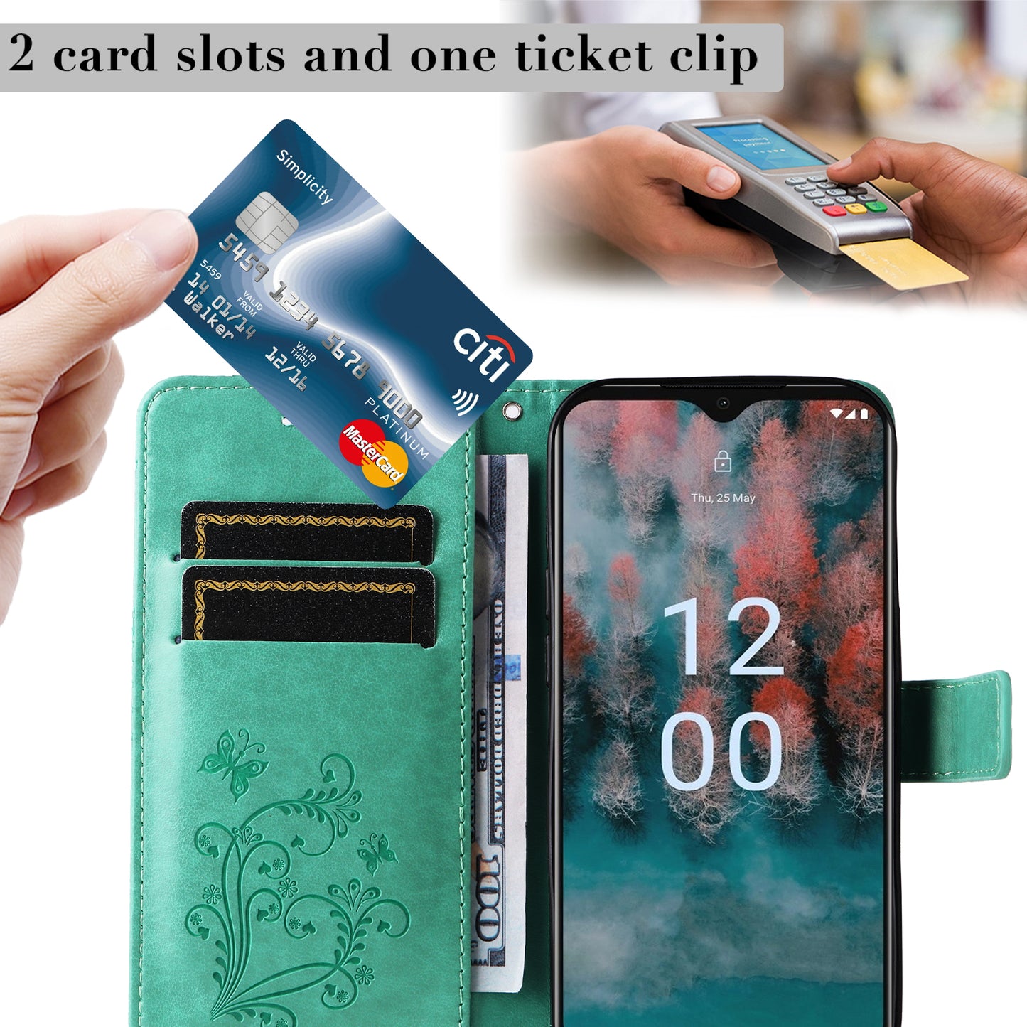 KT Imprinting Flower Series-2 Leather Phone Case for Nokia C12 4G / C12 Plus / C12 Pro , Stand Wallet Butterfly Flower Imprinted Cover