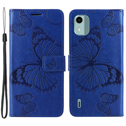 KT Imprinting Flower Series-2 Leather Phone Case for Nokia C12 4G / C12 Plus / C12 Pro , Stand Wallet Butterfly Flower Imprinted Cover