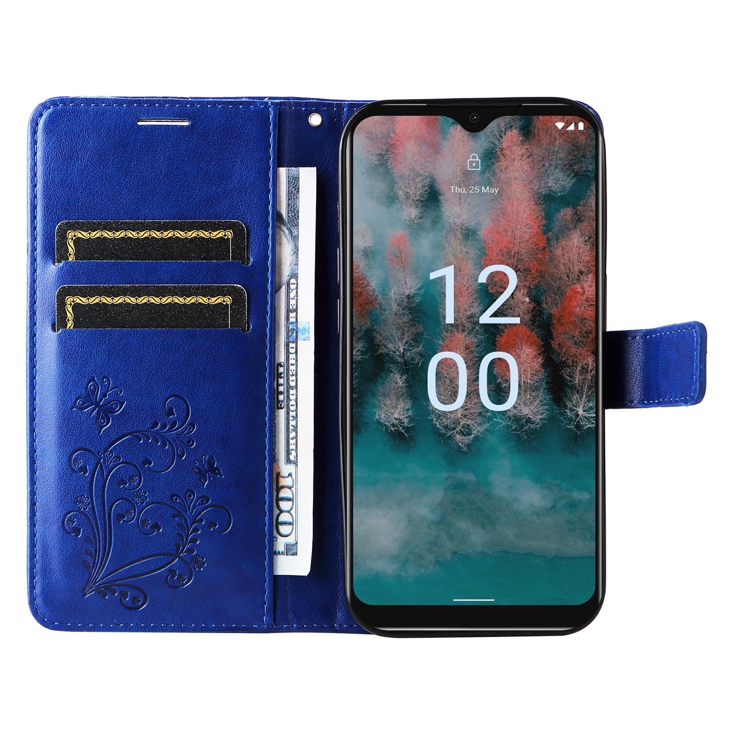 KT Imprinting Flower Series-2 Leather Phone Case for Nokia C12 4G / C12 Plus / C12 Pro , Stand Wallet Butterfly Flower Imprinted Cover
