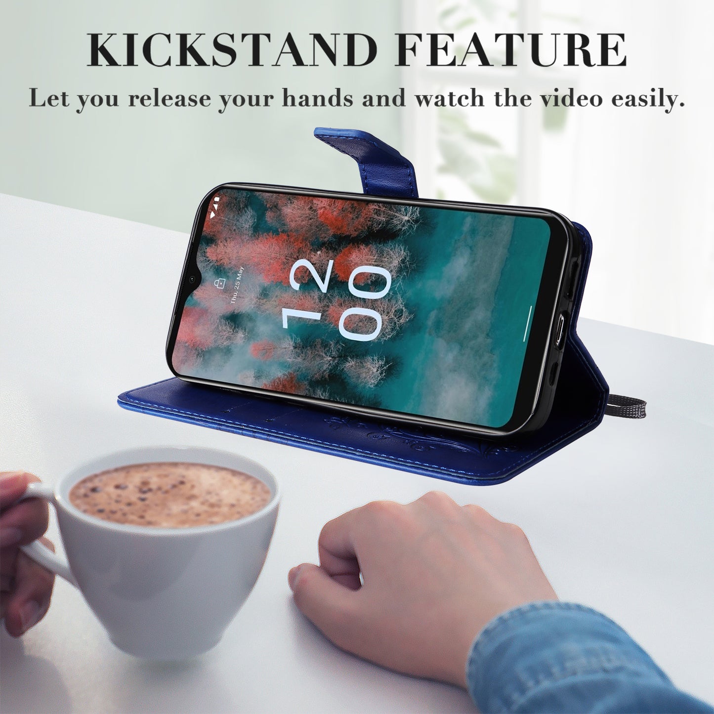 KT Imprinting Flower Series-2 Leather Phone Case for Nokia C12 4G / C12 Plus / C12 Pro , Stand Wallet Butterfly Flower Imprinted Cover