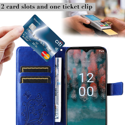 KT Imprinting Flower Series-2 Leather Phone Case for Nokia C12 4G / C12 Plus / C12 Pro , Stand Wallet Butterfly Flower Imprinted Cover