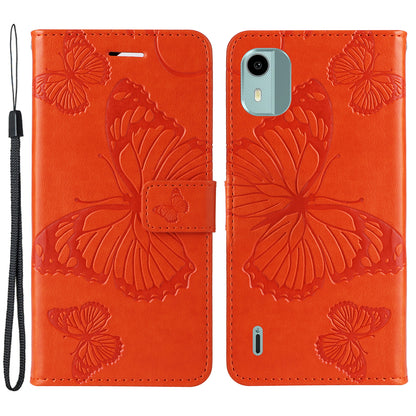 KT Imprinting Flower Series-2 Leather Phone Case for Nokia C12 4G / C12 Plus / C12 Pro , Stand Wallet Butterfly Flower Imprinted Cover