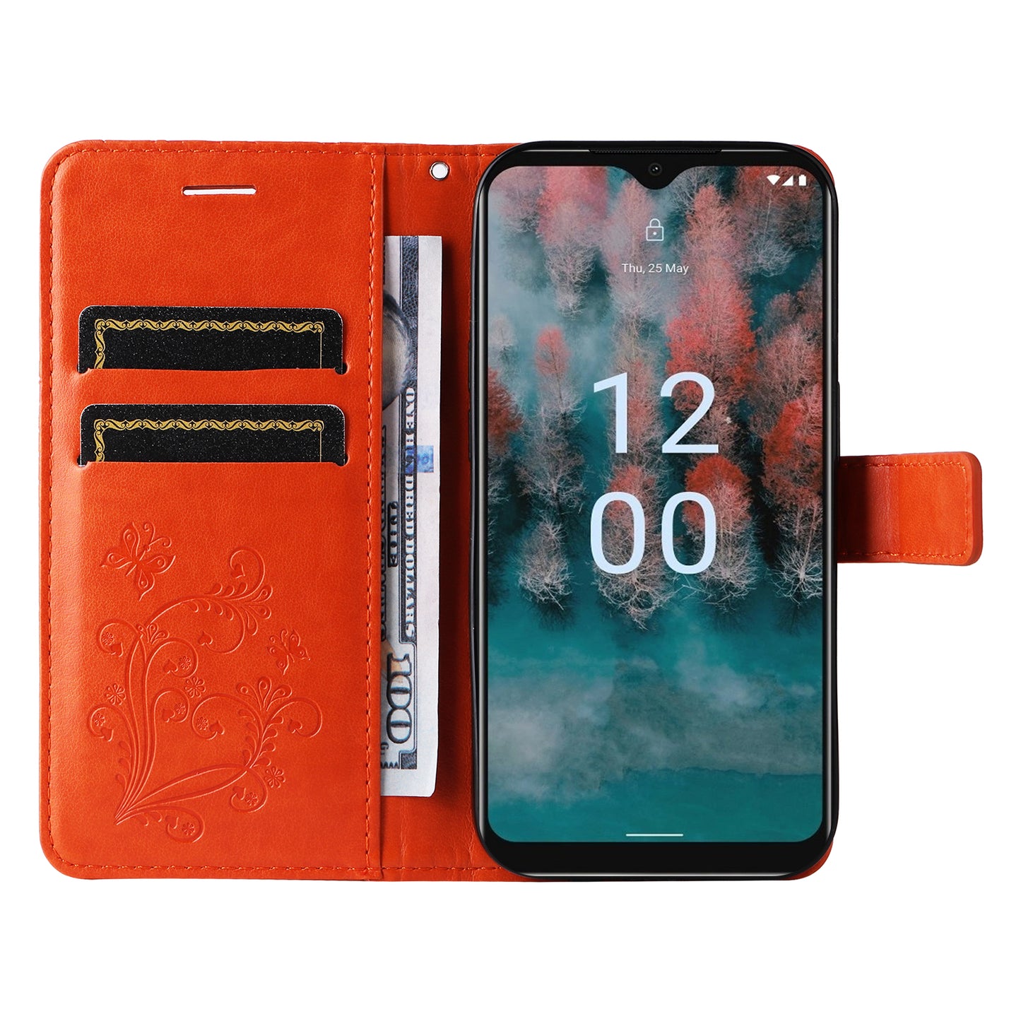 KT Imprinting Flower Series-2 Leather Phone Case for Nokia C12 4G / C12 Plus / C12 Pro , Stand Wallet Butterfly Flower Imprinted Cover
