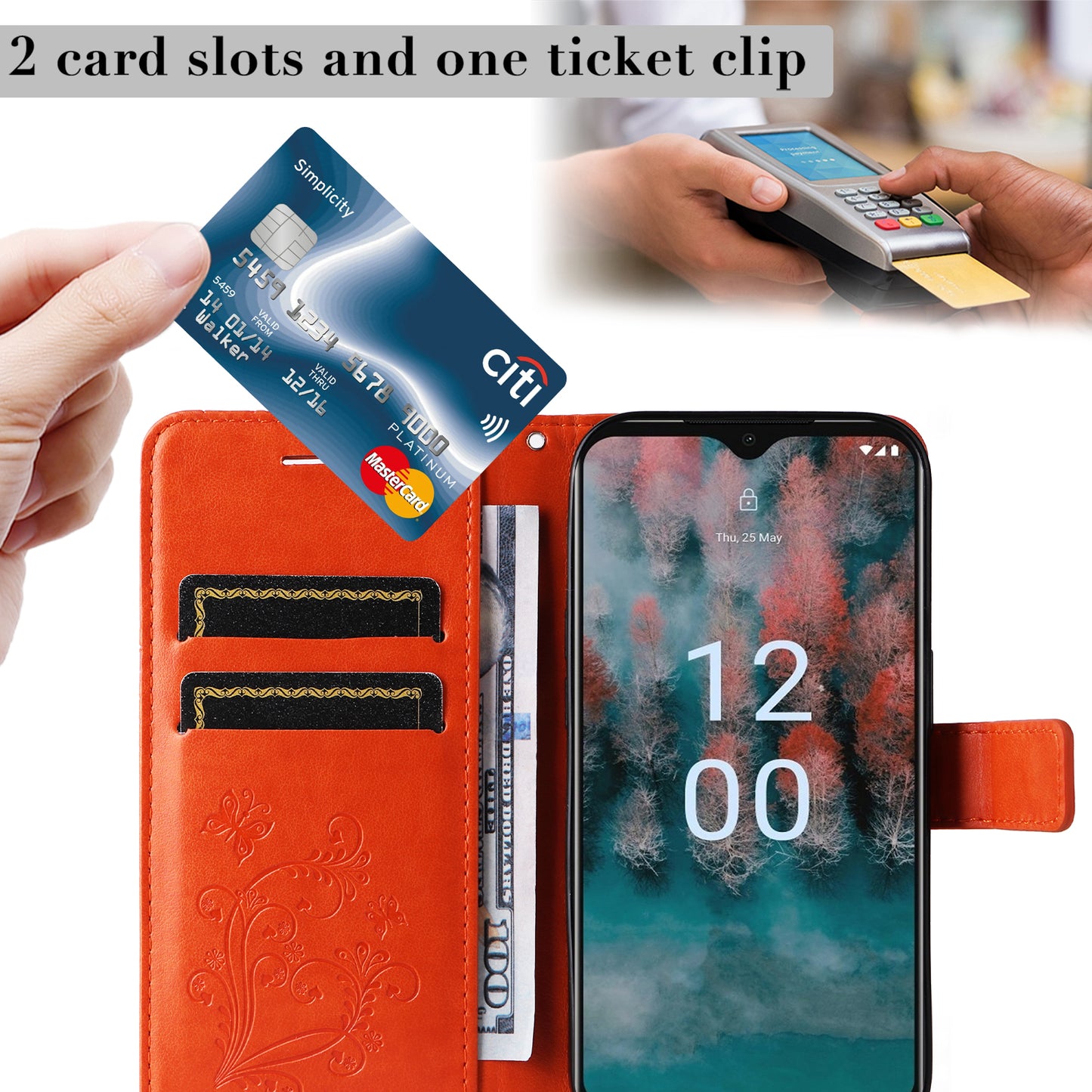 KT Imprinting Flower Series-2 Leather Phone Case for Nokia C12 4G / C12 Plus / C12 Pro , Stand Wallet Butterfly Flower Imprinted Cover