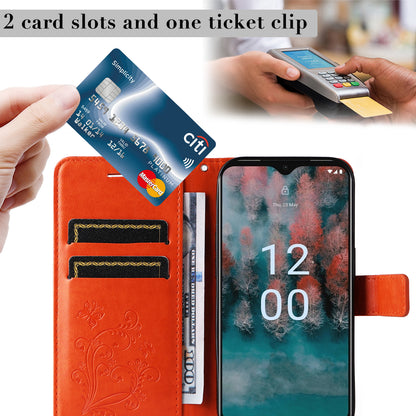KT Imprinting Flower Series-2 Leather Phone Case for Nokia C12 4G / C12 Plus / C12 Pro , Stand Wallet Butterfly Flower Imprinted Cover
