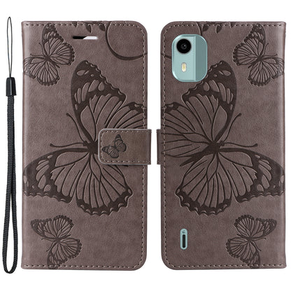 KT Imprinting Flower Series-2 Leather Phone Case for Nokia C12 4G / C12 Plus / C12 Pro , Stand Wallet Butterfly Flower Imprinted Cover