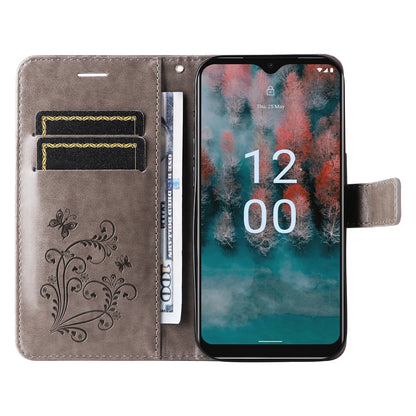 KT Imprinting Flower Series-2 Leather Phone Case for Nokia C12 4G / C12 Plus / C12 Pro , Stand Wallet Butterfly Flower Imprinted Cover