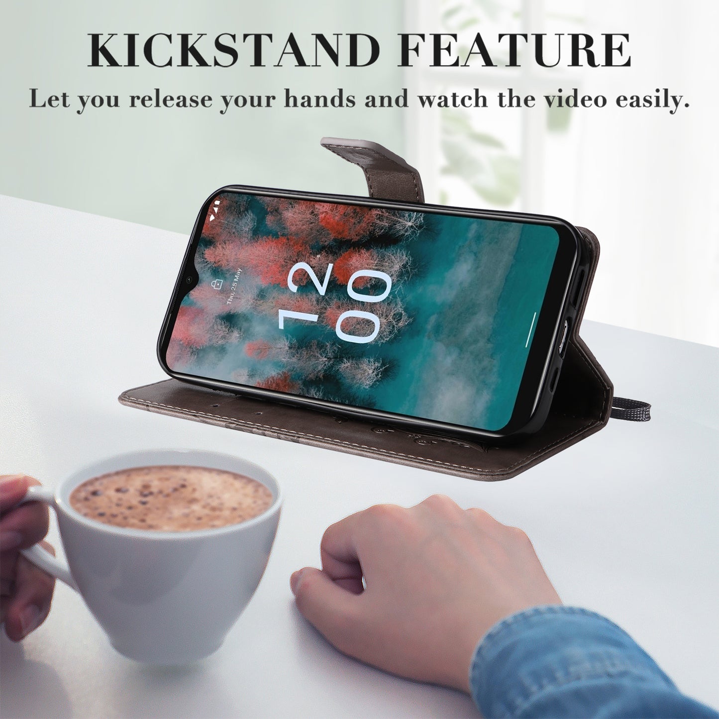 KT Imprinting Flower Series-2 Leather Phone Case for Nokia C12 4G / C12 Plus / C12 Pro , Stand Wallet Butterfly Flower Imprinted Cover