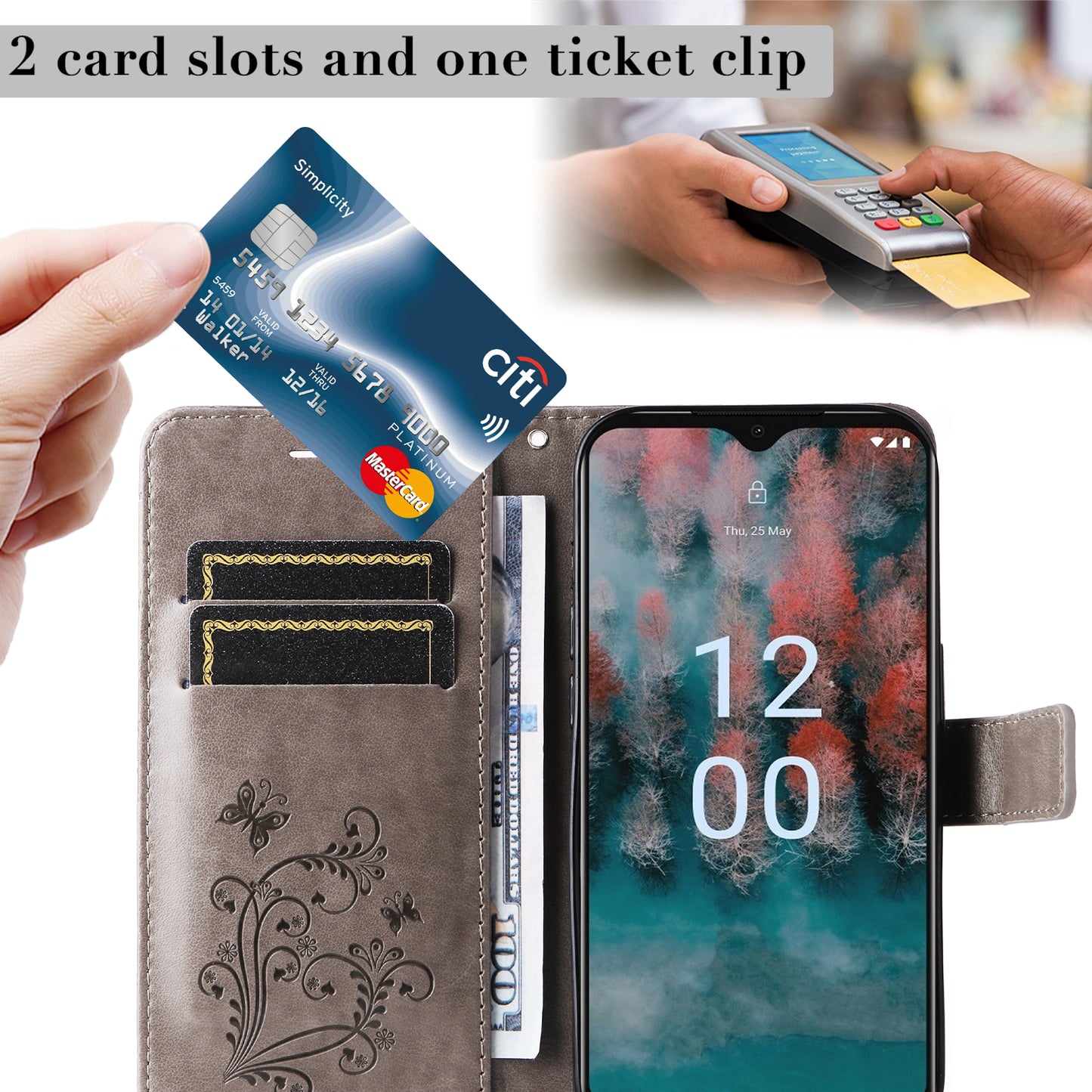 KT Imprinting Flower Series-2 Leather Phone Case for Nokia C12 4G / C12 Plus / C12 Pro , Stand Wallet Butterfly Flower Imprinted Cover