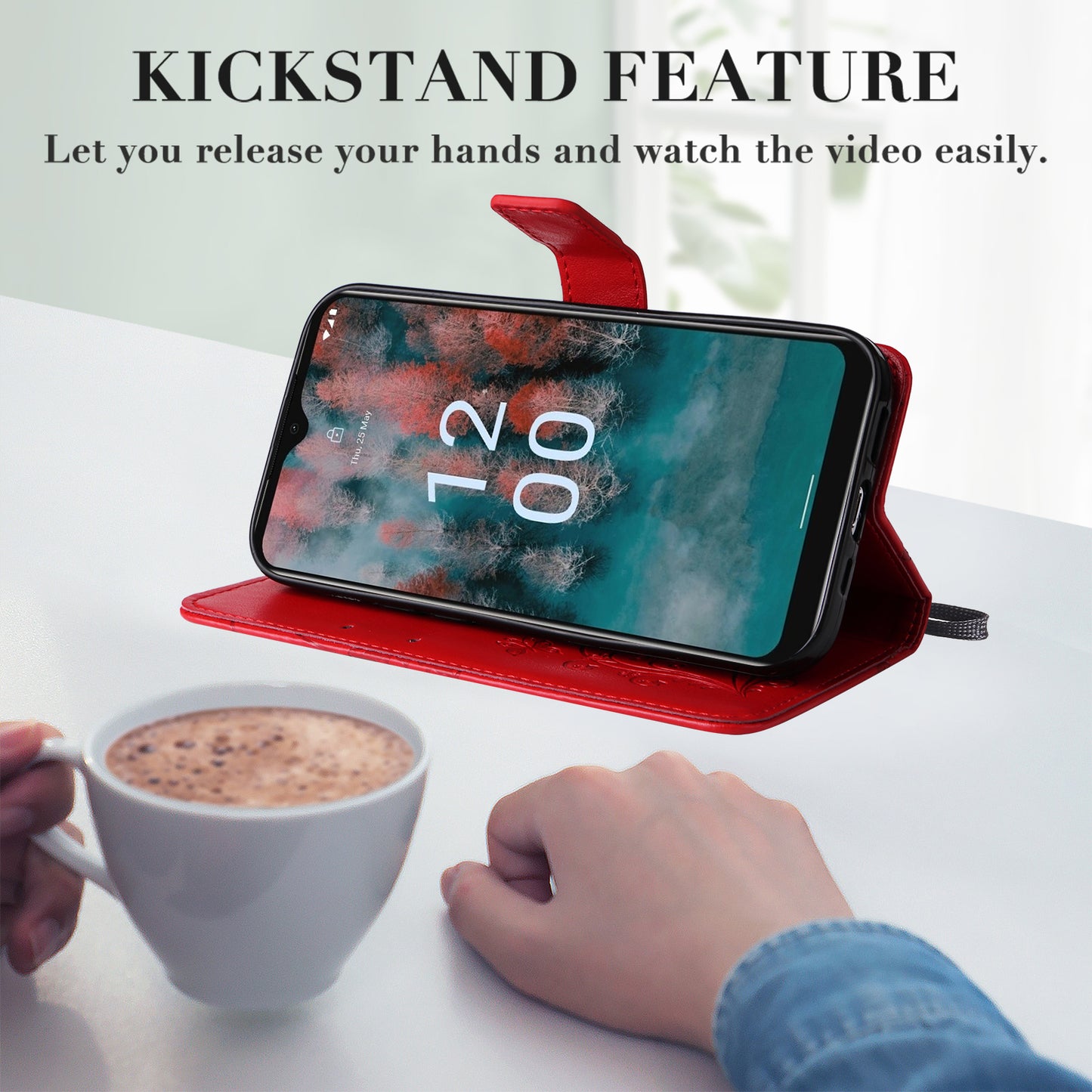 KT Imprinting Flower Series-2 Leather Phone Case for Nokia C12 4G / C12 Plus / C12 Pro , Stand Wallet Butterfly Flower Imprinted Cover