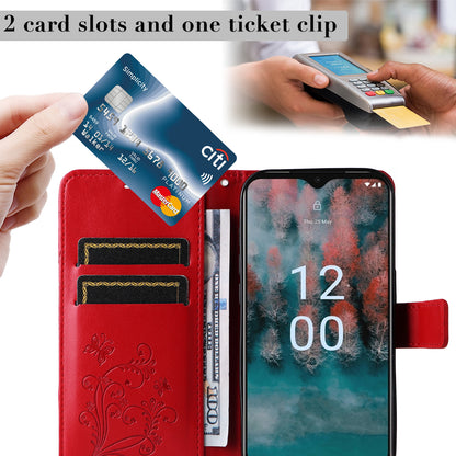 KT Imprinting Flower Series-2 Leather Phone Case for Nokia C12 4G / C12 Plus / C12 Pro , Stand Wallet Butterfly Flower Imprinted Cover