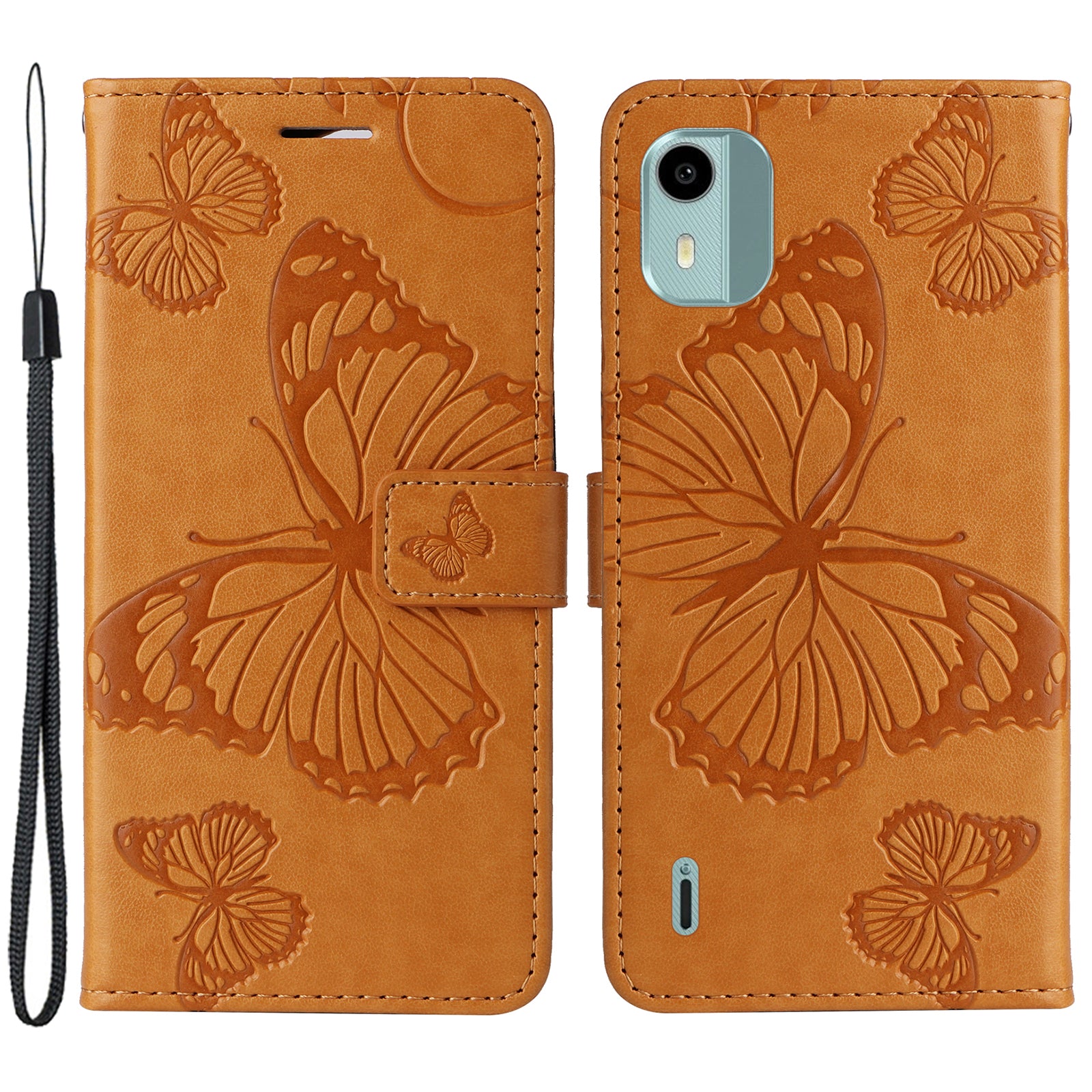 KT Imprinting Flower Series-2 Leather Phone Case for Nokia C12 4G / C12 Plus / C12 Pro , Stand Wallet Butterfly Flower Imprinted Cover