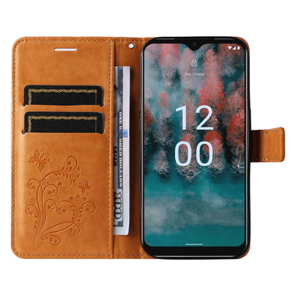 KT Imprinting Flower Series-2 Leather Phone Case for Nokia C12 4G / C12 Plus / C12 Pro , Stand Wallet Butterfly Flower Imprinted Cover