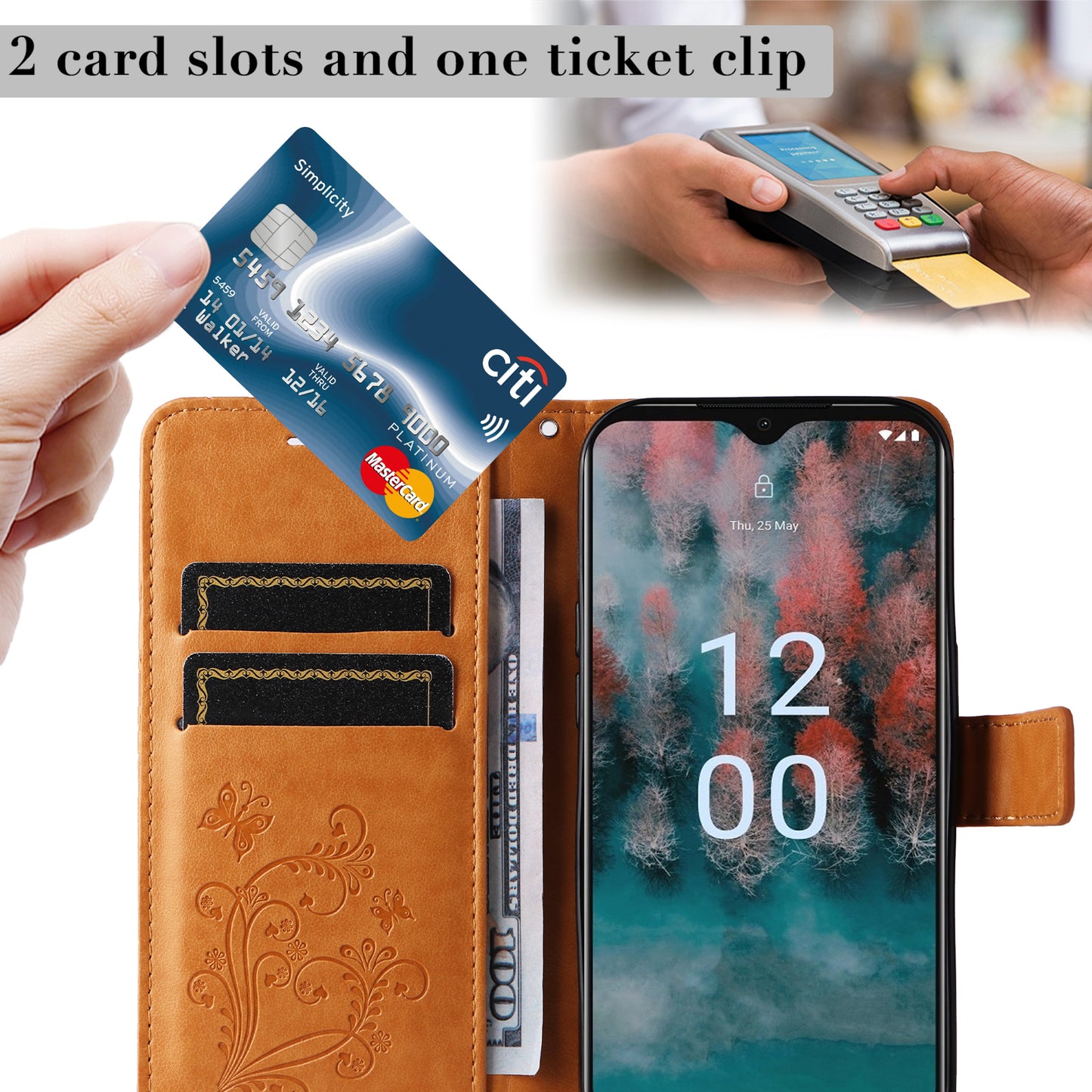 KT Imprinting Flower Series-2 Leather Phone Case for Nokia C12 4G / C12 Plus / C12 Pro , Stand Wallet Butterfly Flower Imprinted Cover