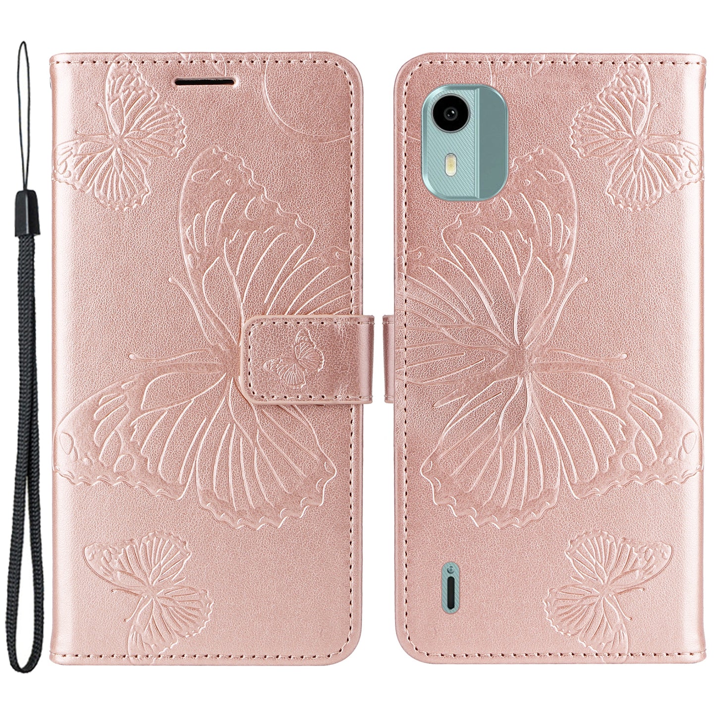 KT Imprinting Flower Series-2 Leather Phone Case for Nokia C12 4G / C12 Plus / C12 Pro , Stand Wallet Butterfly Flower Imprinted Cover